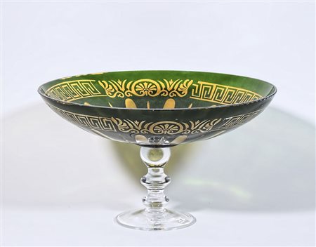 ALZATA CENTROTAVOLA IN CRISTALLO coppa circolare decorata con greca nei toni...