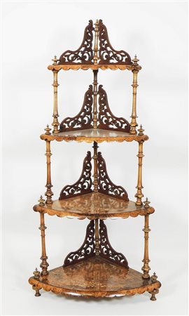 ETAGERE ANGOLARE IN NOCE E RADICA DI NOCE intarsiata in legni di frutto con...