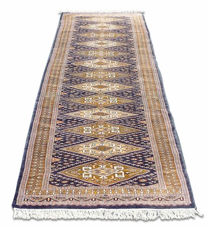 TAPPETO GALLERIA PERSIANO fondo blu notte, campo con losanghe e disegni...