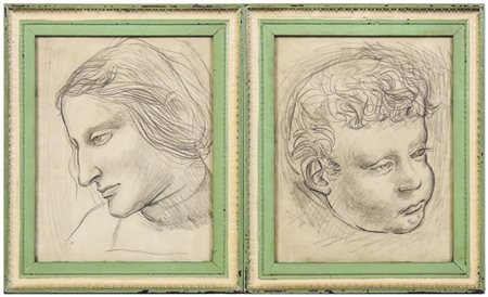 RITRATTO DI BAMBINO E RITRATTO FEMMINILE coppia di disegni a matita su carta,...