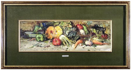 NATURA MORTA olio su faesite, firmato A. Catalani, in cornice cm 28x89 STILL...