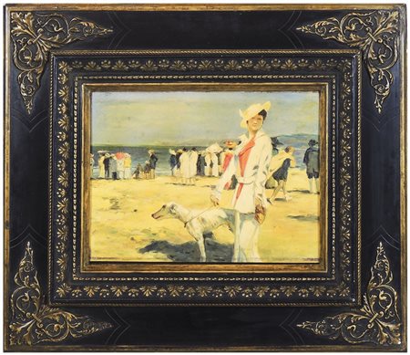 PERSONAGGI SULLA SPIAGGIA olio su tela applicata a tavoletta, in cornice cm...