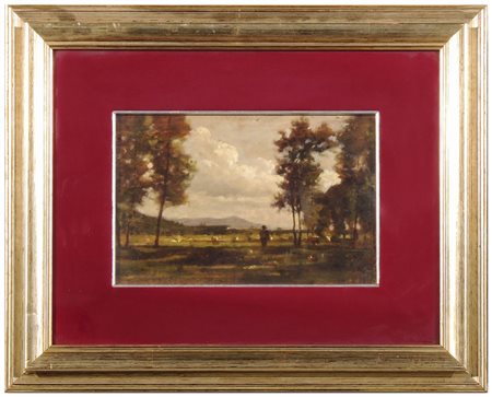 PAESAGGIO CAMPESTRE CON PASTORE E ARMENTI inizio del XX secolo olio su...