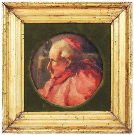 RITRATTO DI CARDINALE olio su tela in tondo applicata a tavoletta, in cornice...