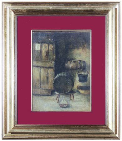 INTERNO DI CANTINA olio su tela, in cornice cm 31x22,5 WINERY VIEW, OIL ON...