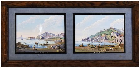VEDUTA DI POZZUOLI NAPOLI MARGELLINA coppia di gouaches su carta, dipinte su...