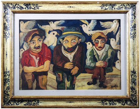 BEPPE SERAFINI (1915-1987) Contadini olio su cartone inciso, firmato, al...