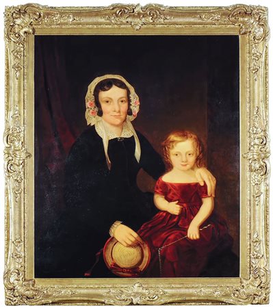 RITRATTO DI MADRE CON BAMBINA XIX secolo olio su tela, in cornice cm 112x91...