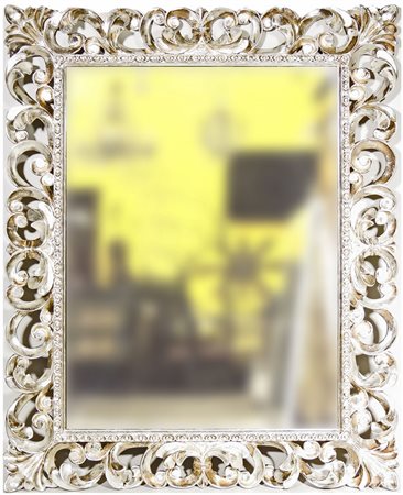 SPECCHIERA IN LEGNO TRAFORATO E ARGENTATO cornice decorata con volute cm...