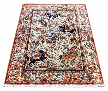 TAPPETO MECCANICO fondo beige, campo con scene di caccia nei toni del blu e...