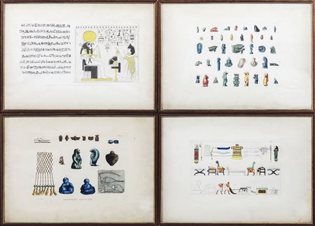 SERIE DI QUATTRO INCISIONI ACQUERELLATE raffiguranti antichità egiziane...
