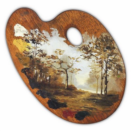 PAESAGGIO FLUVIALE inizio del XX secolo olio su tavolozza da pittore, firmato...