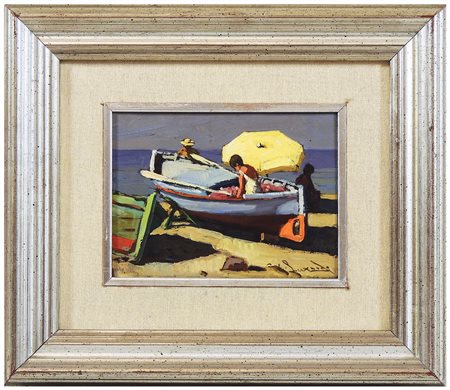 GIORGIO LUXARDO Barche 1977 olio su tavoletta, firmato, al verso firmato,...