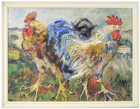 EMANUELE CAPPELLO Galli olio su tela, firmato, in cornice cm 59x79 COCKS, OIL...