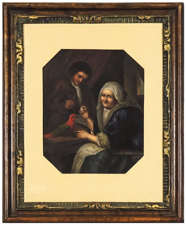 VEDUTA D'INTERNO CON PERSONAGGI E PAPPAGALLO XIX secolo olio su metallo, in...