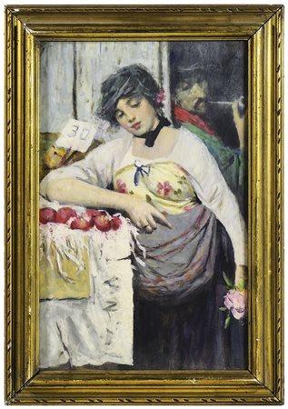 POPOLANA AL MERCATO olio su tavoletta, in cornice cm 46x29 WOMAN AT THE...