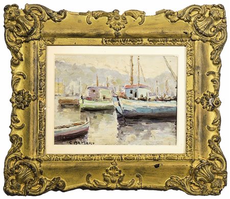 VEDUTA DI PORTO CON BARCHE 1922 olio su tavoletta, firmato E. Bazzaro, in...