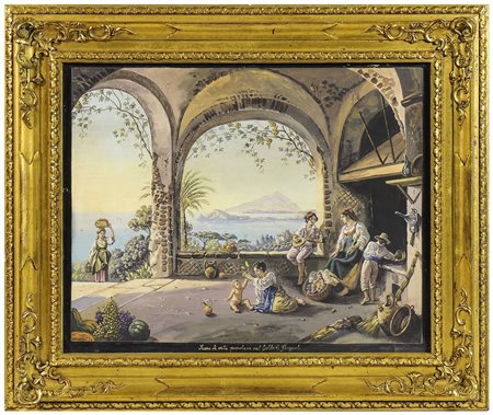 SCENA DI VITA POPOLARE NEL GOLFO DI POZZUOLI gouache su carta, in cornice,...