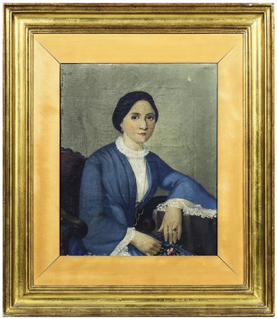 RITRATTO DI GENTILDONNA XIX secolo olio su tela, in cornice, lievi difetti cm...