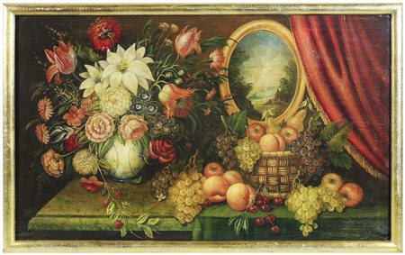 NATURA MORTA CON FRUTTA E VASO DI FIORI olio su tela, in cornice difetto cm...