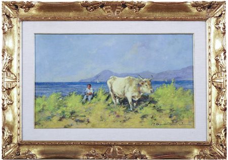 CARLO DOMENICI (1898-1981) Veduta da Portoferraio con contadino e armento...