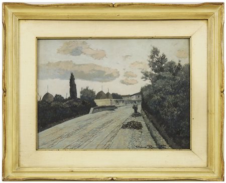 GINO ROMITI (1881-1967) Strada di campagna toscana con contadina olio su...