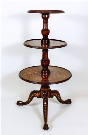 TAVOLINO ETAGERE IMPIALLACCIATO IN NOCE intarsiato con motivi floreali in...