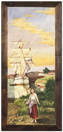 SCORCIO DI PAESAGGIO LACUSTRE CON FANCIULLA E BARCA olio su tavoletta,...