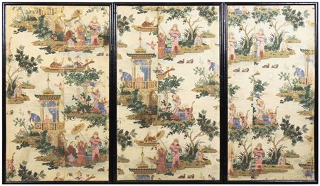PAESAGGI E PERSONAGGI Cina, XIX secolo serie di tre serigrafie oerientali a...