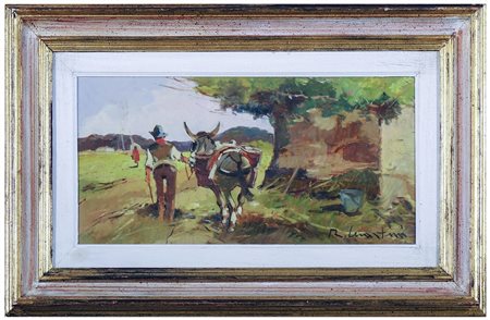 RENZO MARTINI (1937-2005) Paesaggio campestre con contadino e cavallo olio su...