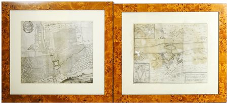 MAPPE GEOGRAFICHE DI BATTAGLIE XVII secolo due incisioni, in cornice, difetti...