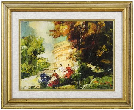 MARIO POBBIATI (1887-1956) Scorcio di parco con figure olio su tavoletta,...