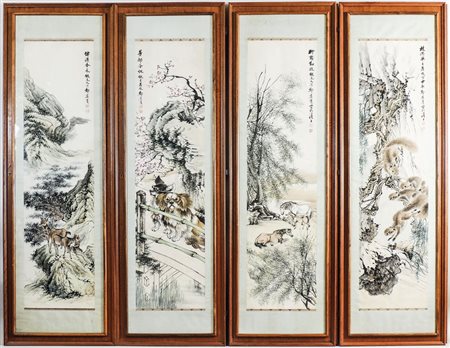 SERIE DI QUATTRO PANNELLI IN TESSUTO E CARTA Cina, prima metà del XX secolo...