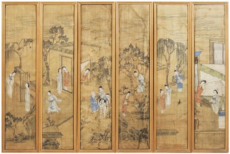 SERIE DI SEI PANNELLI ORIENTALI XIX secolo dipinti su seta raffiguranti...