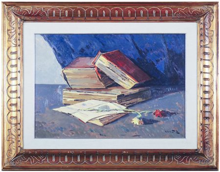ANGIOLO VOLPE Vecchi libri olio su tavoletta, firmato, al verso firmato e...