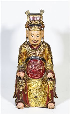 SCULTURA ORIENTALE IN LEGNO POLICROMO E IN PARTE DORATO raffigurante Buddha h...