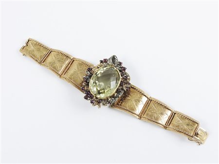 BRACCIALE IN ORO ROSSO E ARGENTO centrato da grande quarzo lemon briolette...