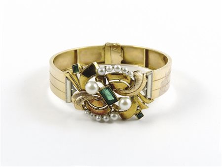 BRACCIALE RIGIDO IN ORO GIALLO, SMERALDO E PERLE COLTIVATE DI ACQUA SALATA...