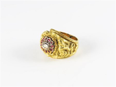 ANELLO IN ORO GIALLO A BASSO TITOLO E SMALTI India gr 18 YELLOW GOLD AND...
