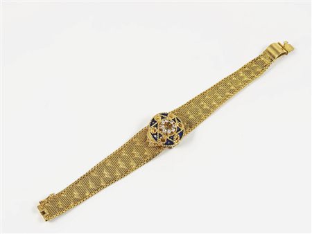 OROLOGIO GIOIELLO IN ORO GIALLO, DIAMANTI E SMALTI Las, Anni Cinquanta...
