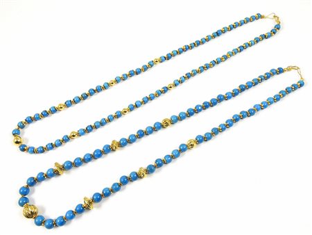 DUE COLLANE IN ORO GIALLO E TURCHESE STABILIZZATO lungh cm 60, gr 92,3 TWO...