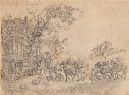 Scuola fiamminga, fine secolo XVIII - inizio secolo XIX ( )  - Scena di vita popolare con cavalieri presso un fontanile,  