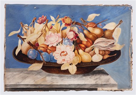 Octavianus Monfort (documentato in Piemonte tra il 1680 e il 1689)  - Pere, prugne, albicocche, altri frutti e fiori in un'alzata su un piano di pietra,  