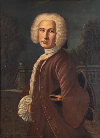 Scuola napoletana, secolo XVIII ( )  - Ritratto di gentiluomo a tre quarti di figura, con marsina marrone,  
