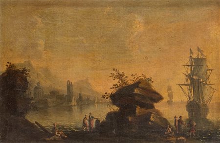 Scuola italiana, secolo XVII ( )  - Paesaggio costiero con scogli in primo piano e astanti,  