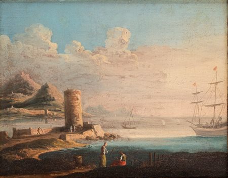 Alessio De Marchis (Napoli 1684 - Perugia 1754)  - Paesaggio con torre circolare ed astanti in primo piano,  