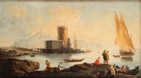 Artista nordico attivo in Italia, secolo XVIII ( )  - Paesaggio con velieri, figure e torre,  