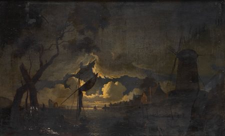 Scuola fiamminga, fine secolo XVIII - inizio secolo XIX ( )  - Paesaggio fluviale al chiaro di luna con velieri, mulino e pescatori,  