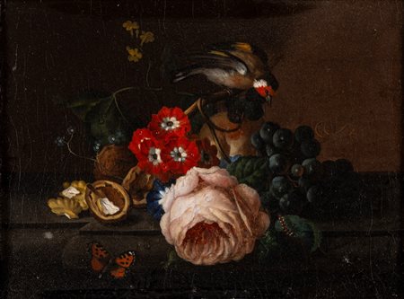 Scuola europea, fine secolo XVIII - inizi secolo XIX ( )  - Rosa, primule, uve nere e un cardellino,  