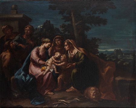 Scuola romana, secolo XVIII ( )  - Madonna con Bambino, San Giovannino e santi in un paesaggio,  